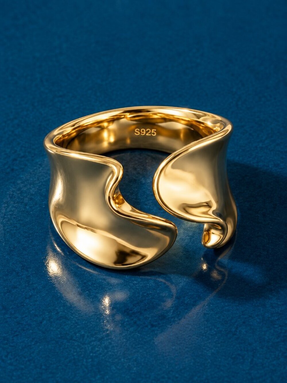 S925 Sterling Silver Sculptural Wave Chunky Open Ring 18K Gold Plated 7-8